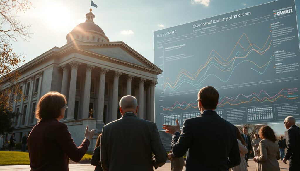 A stately government building stands tall, its classical architecture reflecting the weight of its responsibilities. Sunlight filters through the windows, casting a warm glow on the scene. In the foreground, a group of individuals gestures animatedly, engaged in a discussion of policy decisions. In the background, a data visualization chart displays the intricate strategies and projections needed to navigate the ever-evolving landscape. The atmosphere is one of thoughtful deliberation, as the government works to address the challenges of a rapidly changing world. sa4des