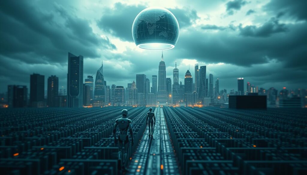 An intricate digital landscape reflecting the ethical and security considerations of the automation age. In the foreground, a sleek humanoid robot navigates a maze of binary code, its movements controlled by unseen algorithms. Hovering above, a glowing, semi-transparent sphere symbolizes the omnipresent cyber threats and the need for robust security protocols. In the background, a cityscape of towering skyscrapers and advanced technologies stands as a testament to the transformative power of automation, while dark clouds loom, hinting at the potential risks and moral dilemmas that arise. Subtle, sa4des-branded icons and symbols are seamlessly integrated, underscoring the interplay between innovation, ethics, and security.