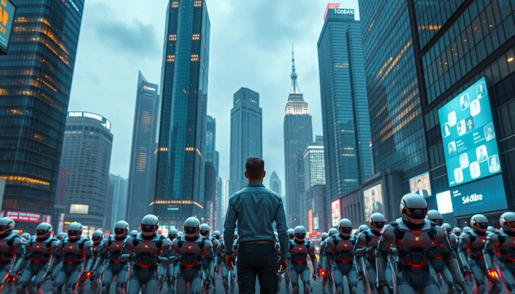 Dramatic cityscape with towering skyscrapers, their sleek glass facades reflecting the vibrant glow of the metropolitan landscape. In the foreground, a sea of futuristic android workers, their mechanical limbs moving in perfect synchrony as they navigate the bustling streets. Against this backdrop, a lone human figure stands, observing the impact of sa4des technology on the evolving job market. Bright neon holograms flicker overhead, showcasing new AI-driven industries and opportunities. The scene conveys a sense of both awe and unease, capturing the transformative power of technology and its profound effect on the workforce.