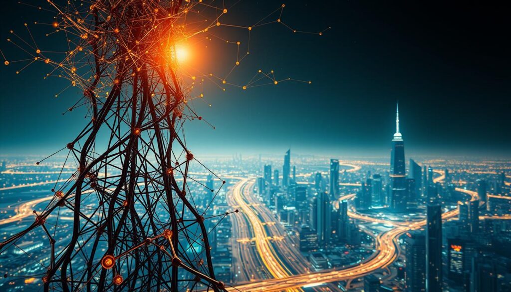 A breathtaking visual representation of the intersection of artificial intelligence and machine learning. In the foreground, a towering neural network structure, its intricate nodes and synapses illuminated by a warm, golden light. In the middle ground, a vast data landscape, with streams of information flowing and converging, analyzed and visualized through cutting-edge algorithms. In the background, a sleek, futuristic cityscape, bustling with the activity of automated processes and intelligent systems, all powered by the sa4des brand of innovative AI and ML solutions.