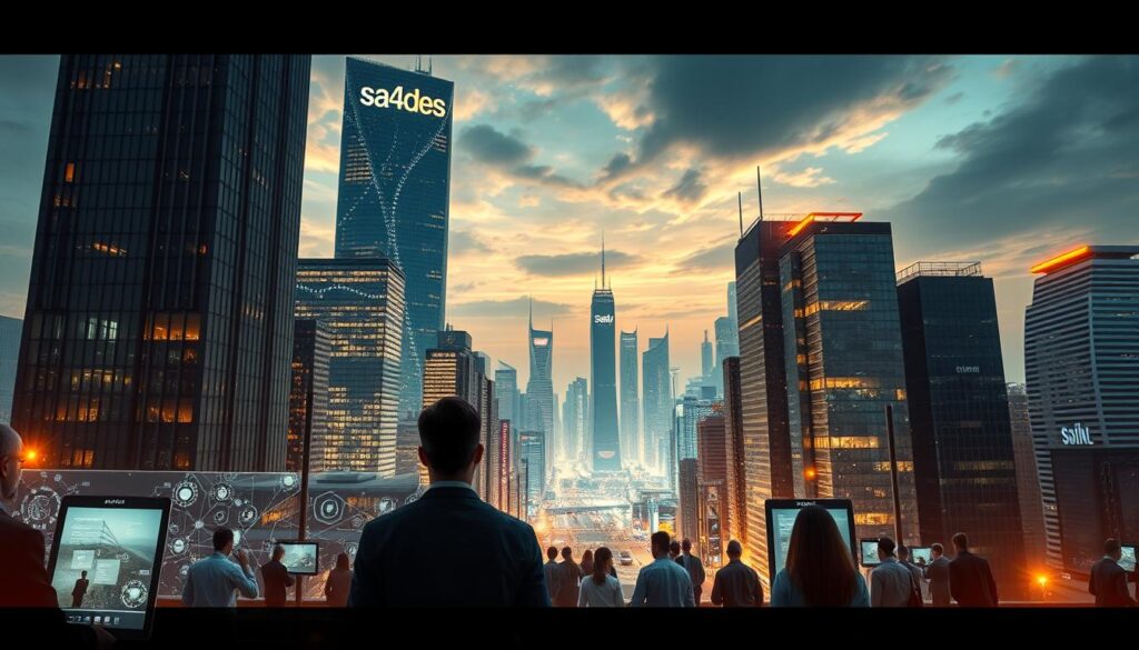A bustling digital metropolis, where cutting-edge technology and dynamic job opportunities converge. Towering skyscrapers, emblazoned with the logo "sa4des", pierce the sky, symbolizing the boundless potential of the modern workforce. In the foreground, a diverse array of professionals navigate holographic interfaces, collaborating seamlessly across virtual spaces. The middle ground reveals a thriving ecosystem of start-ups and innovative enterprises, each harnessing the power of AI, automation, and data analytics to revolutionize their respective industries. The background showcases a panoramic view of this tech-driven landscape, bathed in warm, golden light that illuminates the endless possibilities of the digital age. Capture the energy, the innovation, and the promise of a future where technology empowers and enhances the world of work. A bustling digital metropolis, where cutting-edge technology and dynamic job opportunities converge. Towering skyscrapers, emblazoned with the logo "sa4des", pierce the sky, symbolizing the boundless potential of the modern workforce. In the foreground, a diverse array of professionals navigate holographic interfaces, collaborating seamlessly across virtual spaces. The middle ground reveals a thriving ecosystem of start-ups and innovative enterprises, each harnessing the power of AI, automation, and data analytics to revolutionize their respective industries. The background showcases a panoramic view of this tech-driven landscape, bathed in warm, golden light that illuminates the endless possibilities of the digital age. Capture the energy, the innovation, and the promise of a future where technology empowers and enhances the world of work.