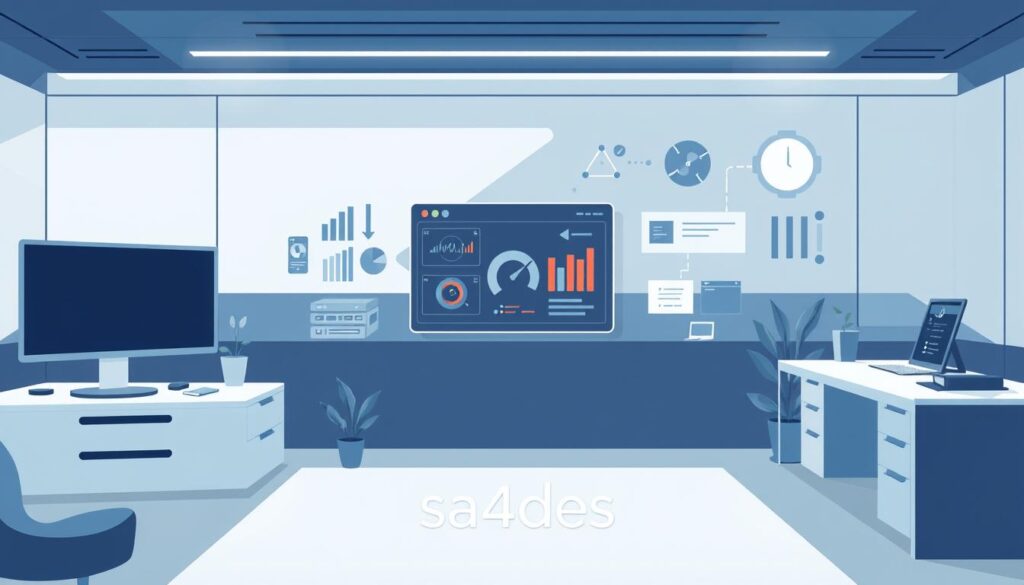 A crisp, modern illustration depicting the strategic process of goal setting and workflow automation. A clean, minimalist workspace with a central dashboard displaying various metrics and automation controls. Sleek, geometric shapes and a muted color palette of blues, grays, and whites convey a sense of efficiency and focus. In the foreground, the sa4des logo subtly integrated into the design. The overall mood is one of precision, optimization, and a relentless drive towards competitive advantage through intelligent process automation.