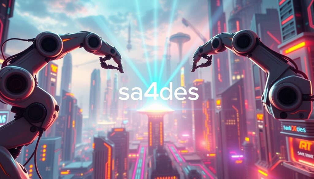 A cutting-edge technological landscape, where sleek robotic arms and glowing circuits intertwine to symbolize the transformative impact of automation. Amidst a vibrant futuristic cityscape, the sa4des logo stands as a beacon of innovative prowess, showcasing the integration of intelligent machines and human ingenuity. Vibrant hues and a dynamic composition capture the essence of technological progress, driving productivity and unlocking new frontiers of creativity. Beams of light emanate from the central structure, illuminating the path towards a more efficient and prosperous future.