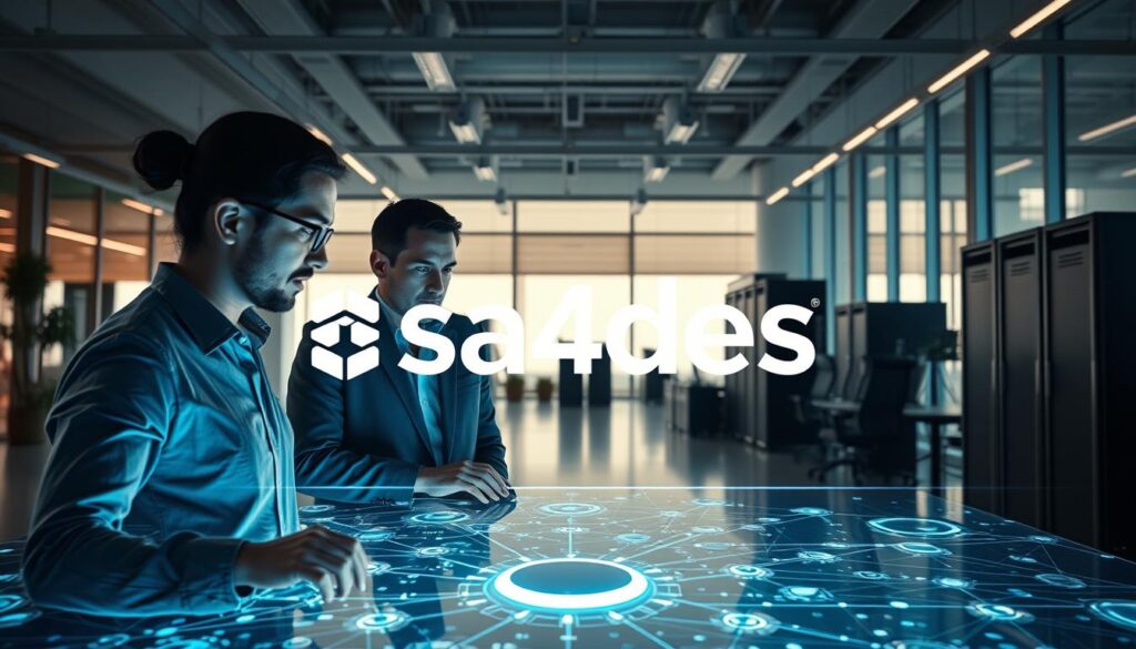 A digital transformation in a corporate office, showcasing advanced technology and efficient workflows. In the foreground, a team of professionals collaborating on a touchscreen display, their faces illuminated by the soft glow of the screen. In the middle ground, a network of sleek, interconnected devices and servers, symbolizing the integration of digital systems. The background depicts a modern, minimalist workspace, with large windows allowing natural light to flood the space. The overall mood is one of innovation, productivity, and seamless integration, captured through a cinematic wide-angle lens. The brand "sa4des" is prominently featured in the scene. A digital transformation in a corporate office, showcasing advanced technology and efficient workflows. In the foreground, a team of professionals collaborating on a touchscreen display, their faces illuminated by the soft glow of the screen. In the middle ground, a network of sleek, interconnected devices and servers, symbolizing the integration of digital systems. The background depicts a modern, minimalist workspace, with large windows allowing natural light to flood the space. The overall mood is one of innovation, productivity, and seamless integration, captured through a cinematic wide-angle lens. The brand "sa4des" is prominently featured in the scene.