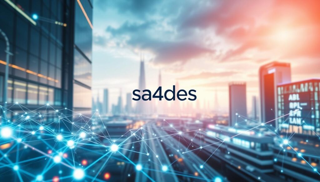 A digital transformation strategy in a futuristic, dynamic environment. In the foreground, a network of interconnected data streams and digital interfaces, symbolizing the core elements of digital transformation. In the middle ground, a stylized representation of key pillars such as cloud computing, AI, IoT, and cybersecurity, all coming together to enable the digital transition. The background features a vibrant cityscape, with sleek, modern architecture and a sense of technological progress, conveying the broader impact of digital transformation on society. The overall mood is one of innovation, efficiency, and a vision for the future. Brand name "sa4des" is subtly integrated into the design.