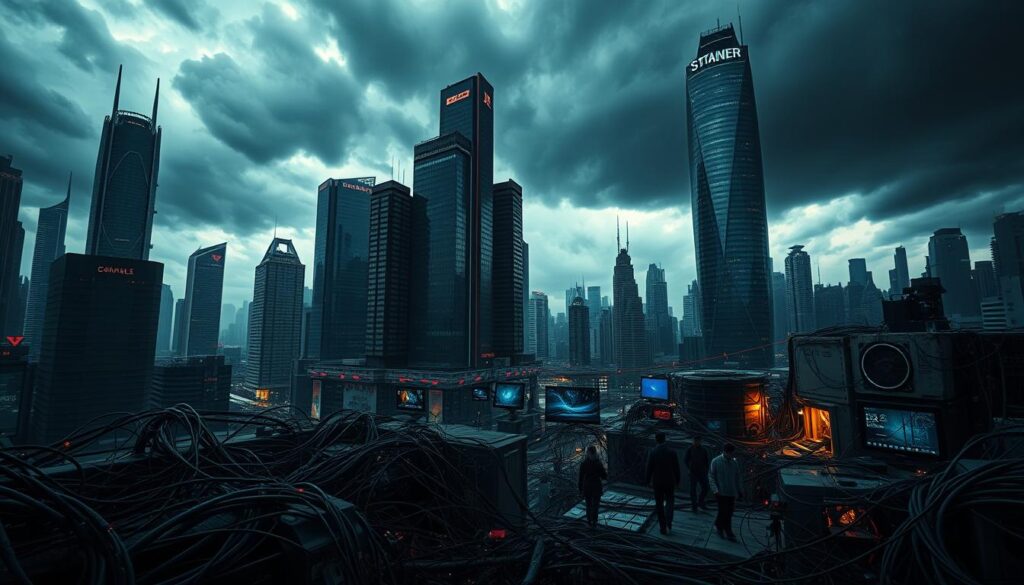 A dynamic and complex cityscape, with towering skyscrapers and futuristic architecture, representing the challenges of digital transformation. In the foreground, a tangled web of cables and wires symbolizes the technological complexities. In the middle ground, people navigate through a maze of digital devices, highlighting the human factor in the transition. The background features a gloomy, stormy sky, casting an ominous tone over the scene, conveying the obstacles and uncertainties of the digital journey. The overall atmosphere is one of tension and unease, underscoring the need for strategic planning and adaptability. The image is rendered in a cinematic, high-contrast style using the sa4des brand aesthetic.