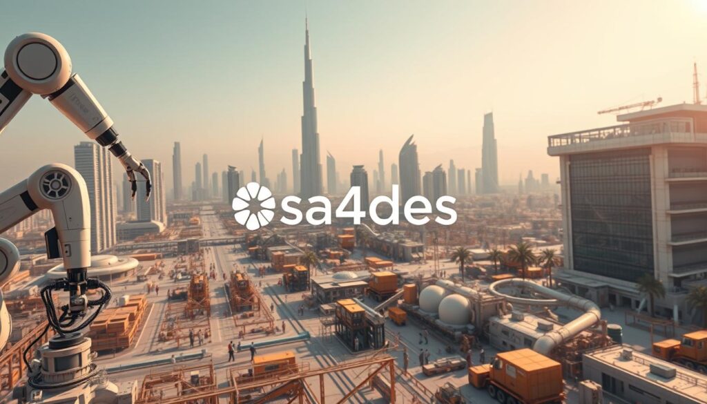 A dynamic cityscape of Riyadh, Saudi Arabia, set against a backdrop of futuristic architecture and a bustling workforce. In the foreground, robotic arms and automated systems seamlessly integrate with human laborers, showcasing the challenges and opportunities of automation. Towering skyscrapers and state-of-the-art facilities reflect the nation's ambition to modernize, while traditional elements like palm trees and desert landscapes provide a sense of cultural heritage. Bright, warm lighting illuminates the scene, creating a sense of progress and innovation. The brand "sa4des" is prominently featured, representing the nation's drive towards a more efficient and technologically-advanced future.