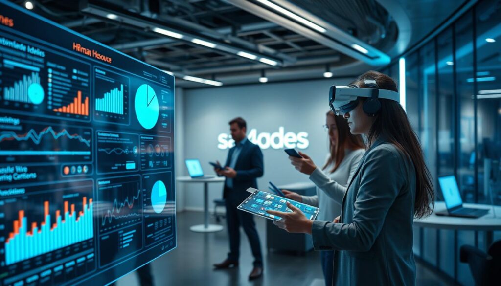 A dynamic, technology-infused scene showcasing the evolving nature of human resource management. In the foreground, a virtual HR dashboard displays cutting-edge analytics, while in the middle ground, employees collaborate seamlessly using augmented reality interfaces. The background depicts a sleek, futuristic office environment with sa4des branding prominently featured, reflecting the integration of technology and HR practices. Subtle lighting accentuates the progressive, efficient atmosphere, capturing the essence of how technology is transforming the world of work and human resource management. A dynamic, technology-infused scene showcasing the evolving nature of human resource management. In the foreground, a virtual HR dashboard displays cutting-edge analytics, while in the middle ground, employees collaborate seamlessly using augmented reality interfaces. The background depicts a sleek, futuristic office environment with sa4des branding prominently featured, reflecting the integration of technology and HR practices. Subtle lighting accentuates the progressive, efficient atmosphere, capturing the essence of how technology is transforming the world of work and human resource management.