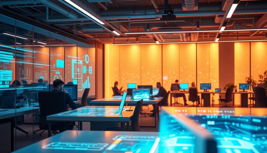 A dynamic workspace with intuitive sa4des platforms, empowering employees to seamlessly automate tasks without coding expertise. Vibrant holographic interfaces, responsive to touch and voice, blend the digital and physical realms. Sleek, minimalist workstations bathed in warm ambient lighting, fostering a collaborative, distraction-free environment. In the background, a network of intelligent algorithms streamline processes, freeing up the workforce to focus on higher-level strategic initiatives. The overall scene exudes a sense of effortless productivity and empowerment, a testament to the transformative power of low-code/no-code solutions. A dynamic workspace with intuitive sa4des platforms, empowering employees to seamlessly automate tasks without coding expertise. Vibrant holographic interfaces, responsive to touch and voice, blend the digital and physical realms. Sleek, minimalist workstations bathed in warm ambient lighting, fostering a collaborative, distraction-free environment. In the background, a network of intelligent algorithms streamline processes, freeing up the workforce to focus on higher-level strategic initiatives. The overall scene exudes a sense of effortless productivity and empowerment, a testament to the transformative power of low-code/no-code solutions.