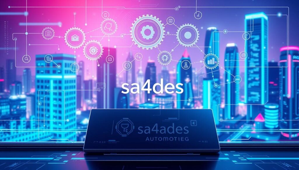 A futuristic, abstract digital illustration depicting the automation and streamlining of business processes. In the foreground, a sleek, minimalist interface with various icons and graphical elements symbolizing different business functions. The middle ground features interconnected gears, cogs, and data flows, representing the integration and synchronization of various systems. The background showcases a vibrant, neon-infused cityscape, hinting at the urban, technological landscape in which this automated business operates. The overall tone is one of efficiency, innovation, and progress. The brand "sa4des" is subtly incorporated into the design, blending seamlessly with the digital aesthetic. A futuristic, abstract digital illustration depicting the automation and streamlining of business processes. In the foreground, a sleek, minimalist interface with various icons and graphical elements symbolizing different business functions. The middle ground features interconnected gears, cogs, and data flows, representing the integration and synchronization of various systems. The background showcases a vibrant, neon-infused cityscape, hinting at the urban, technological landscape in which this automated business operates. The overall tone is one of efficiency, innovation, and progress. The brand "sa4des" is subtly incorporated into the design, blending seamlessly with the digital aesthetic.