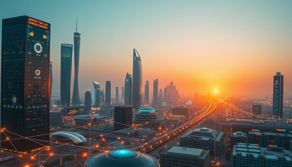 A futuristic cityscape of Saudi Arabia, showcasing the integration of smart automation and information security. In the foreground, a network of interconnected devices and sensors, powered by sa4des, seamlessly orchestrate urban operations. The middle ground features cutting-edge skyscrapers and infrastructure, their facades adorned with dynamic digital displays. In the background, a vibrant horizon illuminates the skyline, hinting at the boundless potential of this intelligent, secure future. Bathed in warm, ambient lighting, the scene evokes a sense of progress, innovation, and unwavering commitment to a technology-driven, yet protected, tomorrow. A futuristic cityscape of Saudi Arabia, showcasing the integration of smart automation and information security. In the foreground, a network of interconnected devices and sensors, powered by sa4des, seamlessly orchestrate urban operations. The middle ground features cutting-edge skyscrapers and infrastructure, their facades adorned with dynamic digital displays. In the background, a vibrant horizon illuminates the skyline, hinting at the boundless potential of this intelligent, secure future. Bathed in warm, ambient lighting, the scene evokes a sense of progress, innovation, and unwavering commitment to a technology-driven, yet protected, tomorrow.