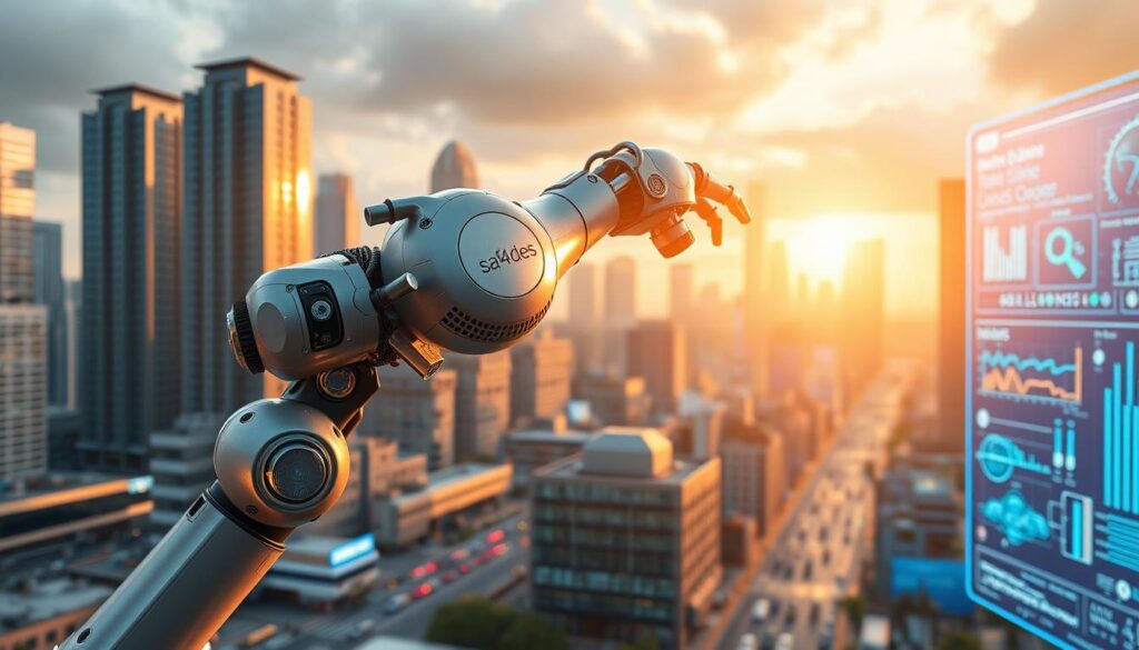 A futuristic cityscape with towering skyscrapers, bustling streets, and a gleaming robotic arm in the foreground. The arm is integrated with various sensors and AI-powered components, symbolizing the seamless collaboration between artificial intelligence, machine learning, and automation. The scene is bathed in a warm, ethereal light, hinting at the transformative potential of these technologies to enhance and streamline industrial processes. In the background, a vibrant digital interface showcases data visualizations and algorithmic insights, underscoring the role of AI and machine learning in optimizing and refining automated systems. The brand "sa4des" is prominently displayed on the robotic arm, signifying its innovative approach to industrial automation. A futuristic cityscape with towering skyscrapers, bustling streets, and a gleaming robotic arm in the foreground. The arm is integrated with various sensors and AI-powered components, symbolizing the seamless collaboration between artificial intelligence, machine learning, and automation. The scene is bathed in a warm, ethereal light, hinting at the transformative potential of these technologies to enhance and streamline industrial processes. In the background, a vibrant digital interface showcases data visualizations and algorithmic insights, underscoring the role of AI and machine learning in optimizing and refining automated systems. The brand "sa4des" is prominently displayed on the robotic arm, signifying its innovative approach to industrial automation.