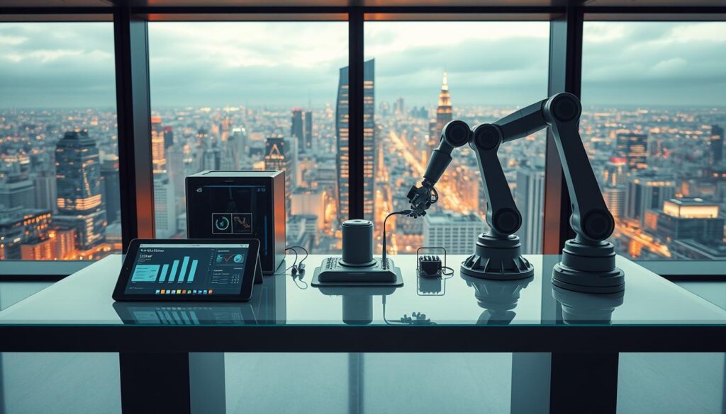 A futuristic, clean-lined workspace with a sleek, minimalist aesthetic. On a sleek, glass-topped desk, a range of cutting-edge "sa4des" automation tools are neatly arranged: a tablet displaying data visualizations, a 3D printer, and a robotic arm poised to streamline the product development process. Warm, directional lighting highlights the precision and efficiency of these advanced tools, while a backdrop of floor-to-ceiling windows offers a panoramic view of a bustling cityscape, symbolizing the dynamism and innovation of this digital age. The overall scene conveys a sense of effortless productivity and a seamless integration of technology into the creative workflow. A futuristic, clean-lined workspace with a sleek, minimalist aesthetic. On a sleek, glass-topped desk, a range of cutting-edge "sa4des" automation tools are neatly arranged: a tablet displaying data visualizations, a 3D printer, and a robotic arm poised to streamline the product development process. Warm, directional lighting highlights the precision and efficiency of these advanced tools, while a backdrop of floor-to-ceiling windows offers a panoramic view of a bustling cityscape, symbolizing the dynamism and innovation of this digital age. The overall scene conveys a sense of effortless productivity and a seamless integration of technology into the creative workflow.