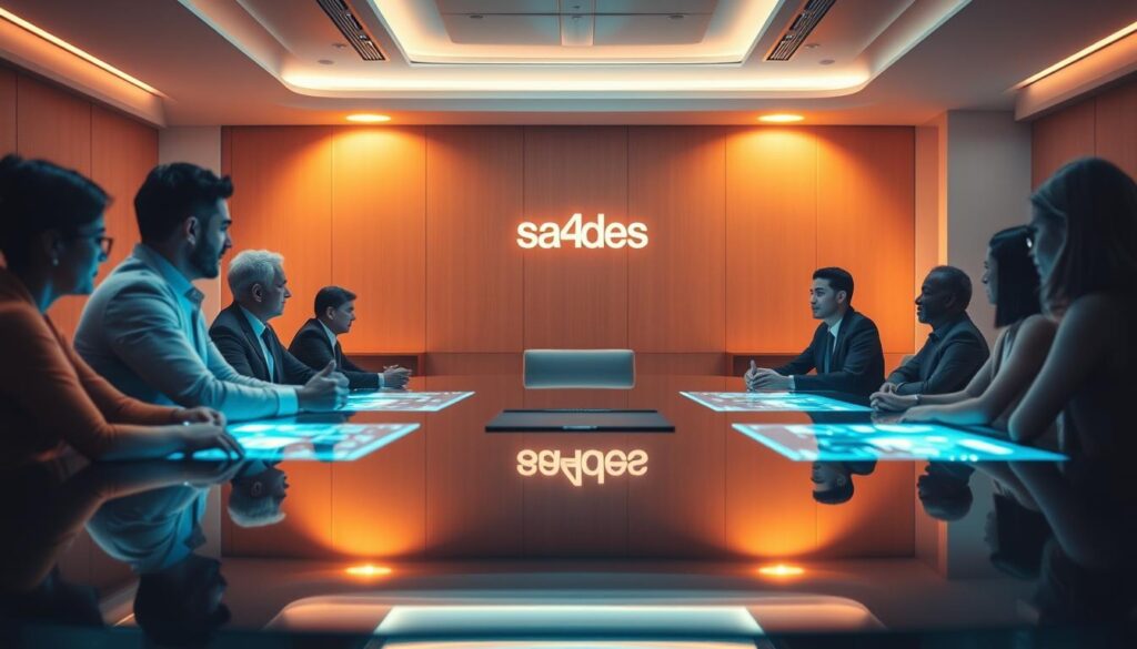 A futuristic corporate boardroom, bathed in warm, ambient lighting. At the head of a sleek, glass table, a group of executives engage in a dynamic discussion, their faces illuminated by the glow of innovative holographic displays. The air is charged with a sense of transformation, as they navigate the evolving landscape of leadership and administrative change, driven by the latest technological advancements. In the background, the sa4des logo subtly adorns the wall, signifying the company's role in shaping this new paradigm of work.