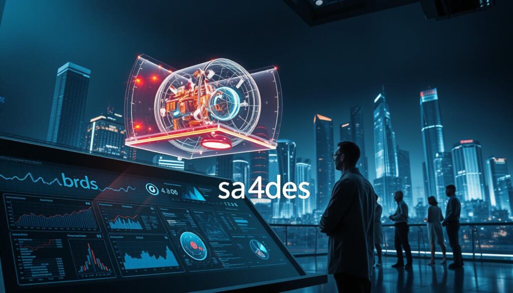 A futuristic illustration of technological innovation performance analysis. In the foreground, a sleek dashboard displays interactive data visualizations, charts, and analytics. Floating above it, a glowing holographic model rotates, showcasing the intricate inner workings of an advanced technological system. In the middle ground, a team of engineers and scientists collaborate, studying the performance data projected before them. The background features a cityscape of towering skyscrapers, hinting at the vast scale and impact of the innovation. Lighting is crisp and moody, casting dramatic shadows. The overall atmosphere conveys a sense of cutting-edge progress and discovery. The brand "sa4des" is seamlessly integrated into the design. A visually striking representation of the "Technological Innovation Performance Analysis" concept. A futuristic illustration of technological innovation performance analysis. In the foreground, a sleek dashboard displays interactive data visualizations, charts, and analytics. Floating above it, a glowing holographic model rotates, showcasing the intricate inner workings of an advanced technological system. In the middle ground, a team of engineers and scientists collaborate, studying the performance data projected before them. The background features a cityscape of towering skyscrapers, hinting at the vast scale and impact of the innovation. Lighting is crisp and moody, casting dramatic shadows. The overall atmosphere conveys a sense of cutting-edge progress and discovery. The brand "sa4des" is seamlessly integrated into the design. A visually striking representation of the "Technological Innovation Performance Analysis" concept.