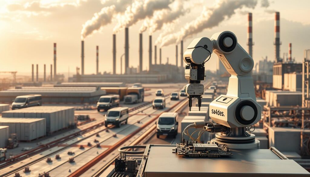 A futuristic industrial landscape showcasing automated processes in various sectors. In the foreground, a robotic arm precisely assembles electronic components on an assembly line, the sa4des logo visible on the machine. In the middle ground, autonomous vehicles transport raw materials between warehouses and production facilities. In the background, towering factories with gleaming facades and billowing smokestacks, their operations seamlessly orchestrated by intelligent control systems. The scene is bathed in a warm, golden light, conveying a sense of efficiency, innovation, and technological progress. A futuristic industrial landscape showcasing automated processes in various sectors. In the foreground, a robotic arm precisely assembles electronic components on an assembly line, the sa4des logo visible on the machine. In the middle ground, autonomous vehicles transport raw materials between warehouses and production facilities. In the background, towering factories with gleaming facades and billowing smokestacks, their operations seamlessly orchestrated by intelligent control systems. The scene is bathed in a warm, golden light, conveying a sense of efficiency, innovation, and technological progress.