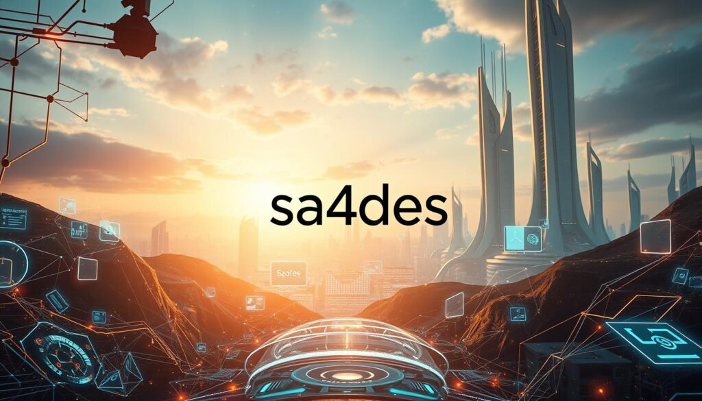 A futuristic landscape depicting the technological innovation ecosystem. In the foreground, a sleek sa4des logo hovers amidst a network of interconnected circuits and gears, symbolizing the integration of technology and innovation. The middle ground showcases holographic displays and data visualizations, highlighting the flow of information and ideas. In the background, towering structures with clean lines and geometric shapes rise, representing the advancement of cutting-edge technologies. Warm lighting casts a glow, conveying a sense of progress and discovery. The overall scene evokes a harmonious fusion of form, function, and creative dynamism, capturing the essence of technological innovation. A futuristic landscape depicting the technological innovation ecosystem. In the foreground, a sleek sa4des logo hovers amidst a network of interconnected circuits and gears, symbolizing the integration of technology and innovation. The middle ground showcases holographic displays and data visualizations, highlighting the flow of information and ideas. In the background, towering structures with clean lines and geometric shapes rise, representing the advancement of cutting-edge technologies. Warm lighting casts a glow, conveying a sense of progress and discovery. The overall scene evokes a harmonious fusion of form, function, and creative dynamism, capturing the essence of technological innovation.