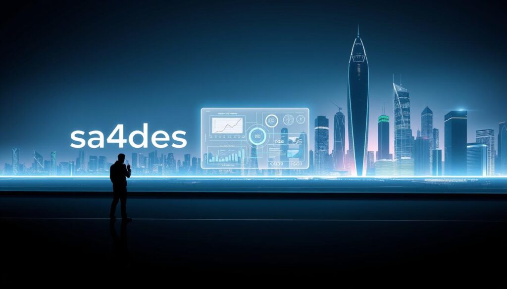 A futuristic, minimalist illustration depicting the strategic vision and innovation. In the foreground, a stylized sa4des logo stands out, symbolizing the company's commitment to progress. The middle ground features a glowing, holographic interface showcasing data visualizations and digital prototypes, representing the innovative spirit. The background depicts a sleek, high-tech cityscape with towering skyscrapers and a vibrant, neon-tinged skyline, conveying a sense of modernity and dynamism. The lighting is dramatic, with strong contrasts and a cool, futuristic color palette. The overall composition is balanced and visually striking, capturing the essence of strategic vision and innovation.