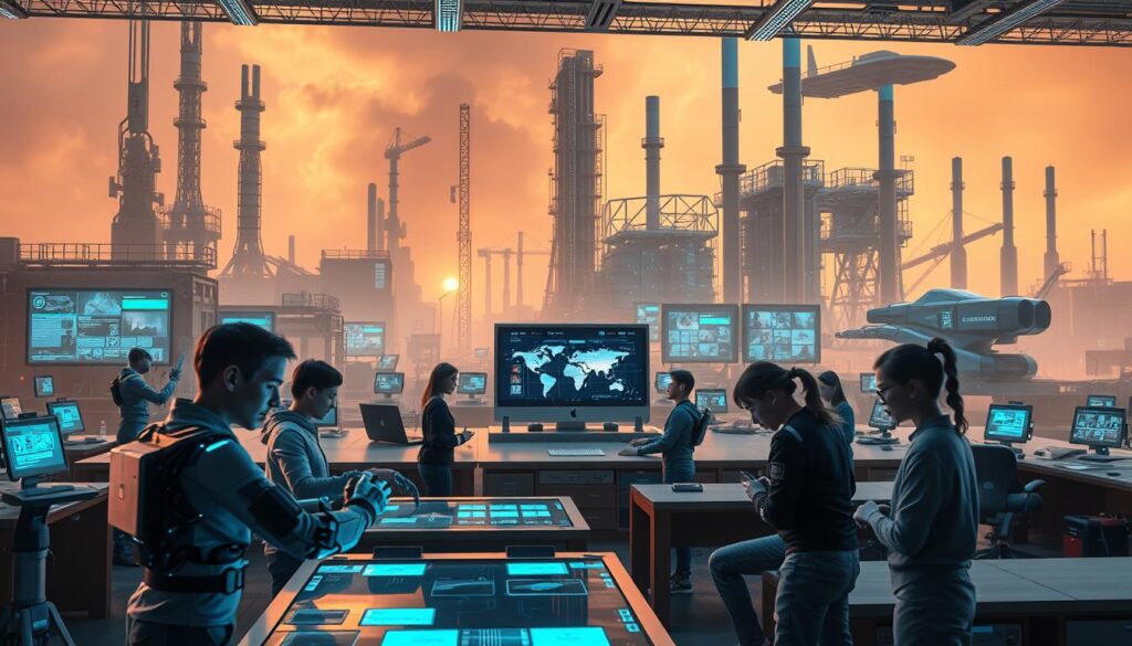 A futuristic scene depicting the interplay between education, training, and automation. In the foreground, a group of students engage in hands-on learning, operating advanced robotic systems and digital interfaces. The middle ground showcases a technologically-advanced classroom, with holographic displays and interactive learning modules. In the background, towering industrial structures and autonomous vehicles suggest the encroaching presence of automation. The lighting is a balanced blend of warm, ambient tones and cool, technological hues. The overall mood conveys a sense of harmony between human learning and technological progress, reflecting the central role of education and training in adapting to the impact of automation. sa4des A futuristic scene depicting the interplay between education, training, and automation. In the foreground, a group of students engage in hands-on learning, operating advanced robotic systems and digital interfaces. The middle ground showcases a technologically-advanced classroom, with holographic displays and interactive learning modules. In the background, towering industrial structures and autonomous vehicles suggest the encroaching presence of automation. The lighting is a balanced blend of warm, ambient tones and cool, technological hues. The overall mood conveys a sense of harmony between human learning and technological progress, reflecting the central role of education and training in adapting to the impact of automation. sa4des