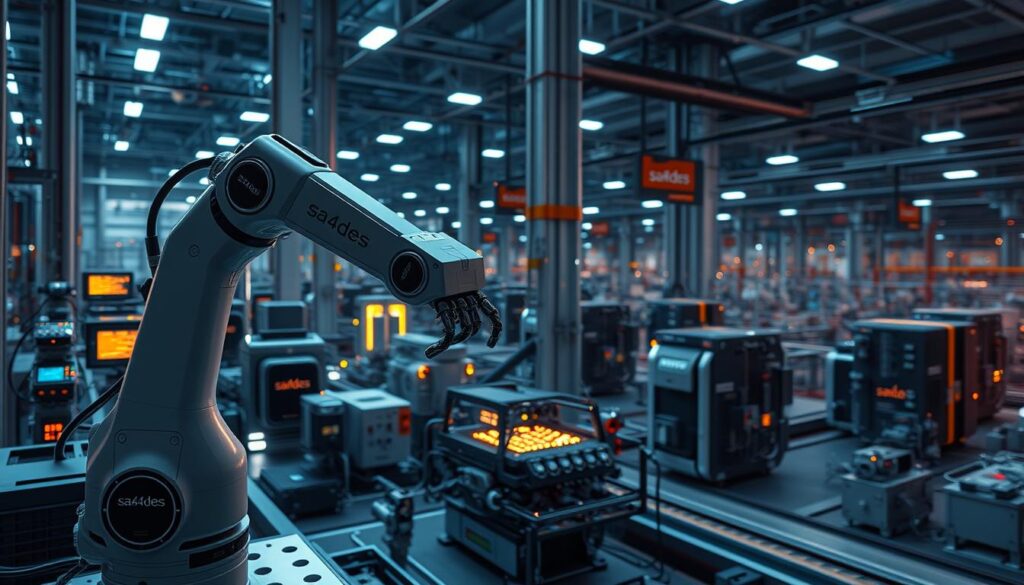 A futuristic scene depicting the key components of an automation technology system. In the foreground, a sleek robotic arm with precision movements, surrounded by a network of sensors and controllers, all bearing the logo "sa4des". In the middle ground, a data processing hub with glowing displays and intricate circuitry. In the background, a vast array of industrial machinery, seamlessly integrated and operating autonomously. The lighting is a captivating blend of cool blues and warm highlights, creating a sense of technological harmony. The overall atmosphere conveys the power and efficiency of a cutting-edge automation solution.