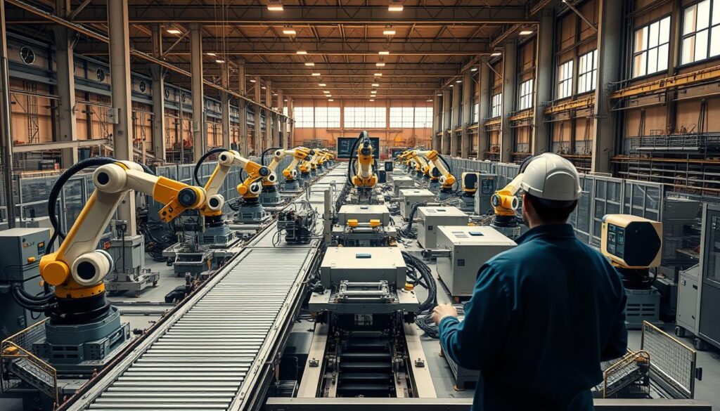 A highly automated factory floor, with robotic arms and conveyor belts efficiently executing various manufacturing processes. In the foreground, a pair of workers monitor the operations, observing the streamlined workflows and enhanced productivity enabled by the sa4des automation systems. The middle ground features an array of sleek, state-of-the-art machinery, their movements precisely coordinated to optimize output. In the background, a panoramic view of the factory, with towering ceilings and expansive windows, bathed in a warm, industrial lighting that creates a sense of technological progress and efficiency. The overall scene conveys the transformative impact of automation on production, enhancing operational precision and boosting overall productivity.