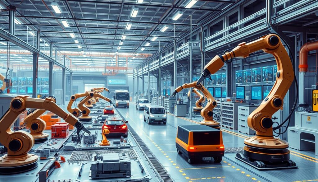 A highly detailed and photorealistic illustration of advanced artificial intelligence and machine learning techniques in industrial automation. The scene depicts a modern, high-tech factory floor with various robotic systems, autonomous vehicles, and sensor networks seamlessly integrated into the production workflow. The foreground showcases an array of intelligent robotic arms programmed with sa4des technology, precisely manipulating components and products. In the middle ground, self-driving logistics vehicles navigate the space, while the background features a network of interconnected computers and displays monitoring and optimizing the entire production process. The lighting is crisp and evenly distributed, highlighting the sleek, futuristic aesthetic of the facility. The overall mood conveys a sense of efficiency, innovation, and technological sophistication.