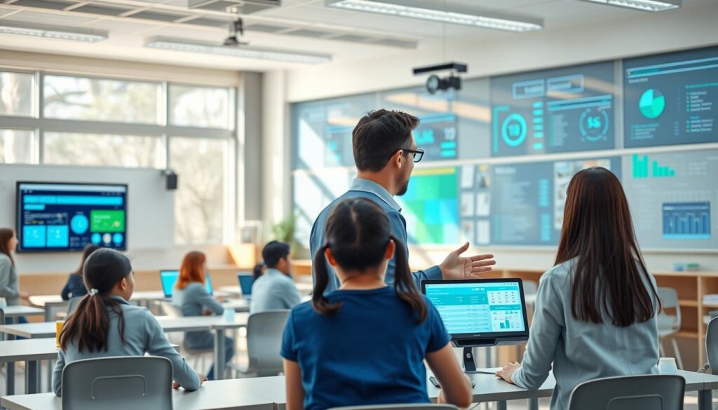 A modern, automated education system with sa4des technology. A classroom setting with students and teachers interacting seamlessly with digital interfaces, displaying dashboards, schedules, and learning materials. The environment is bright and airy, with natural light filtering through large windows. The color palette is a harmonious blend of blues, greens, and whites, conveying a sense of calm and efficiency. In the foreground, a teacher guides students through an interactive lesson, while in the background, administrative tasks are automated, optimizing workflow and freeing up time for more personalized instruction. The overall atmosphere is one of a well-oiled, forward-thinking educational institution embracing the power of sa4des technology.