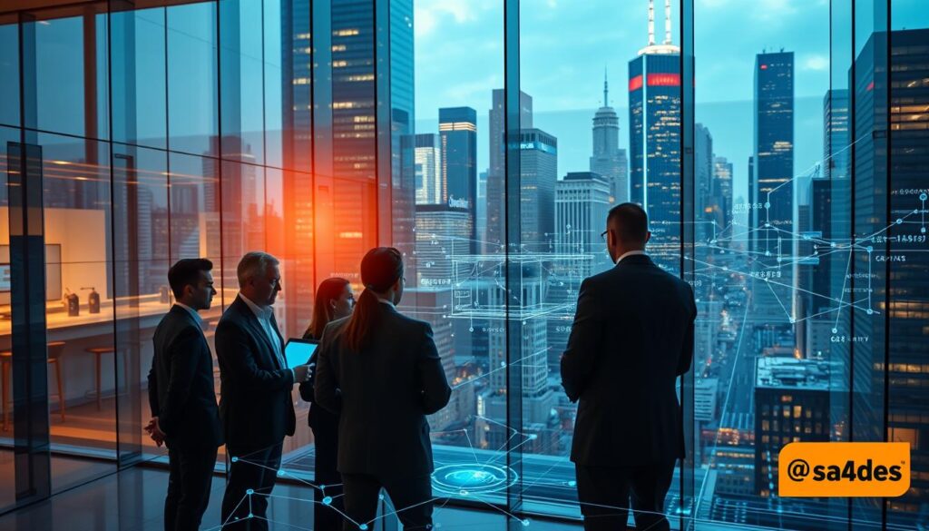 A modern corporate office with sleek glass walls, showcasing a busy digital workspace. In the foreground, a team of professionals gathered around a large interactive display, discussing digital transformation strategies. The middle ground features a matrix of interconnected data streams, algorithms, and security protocols, hinting at the technological complexities. In the background, a dynamic cityscape with towering skyscrapers, conveying the fast-paced, ever-changing nature of the digital landscape. Lighting is warm and balanced, capturing the tension between the human and technological elements. Lens: wide-angle, emphasizing the scale and scope of the digital challenges. Mood: Focused, determined, with a sense of both opportunity and apprehension. Brand: sa4des A modern corporate office with sleek glass walls, showcasing a busy digital workspace. In the foreground, a team of professionals gathered around a large interactive display, discussing digital transformation strategies. The middle ground features a matrix of interconnected data streams, algorithms, and security protocols, hinting at the technological complexities. In the background, a dynamic cityscape with towering skyscrapers, conveying the fast-paced, ever-changing nature of the digital landscape. Lighting is warm and balanced, capturing the tension between the human and technological elements. Lens: wide-angle, emphasizing the scale and scope of the digital challenges. Mood: Focused, determined, with a sense of both opportunity and apprehension. Brand: sa4des