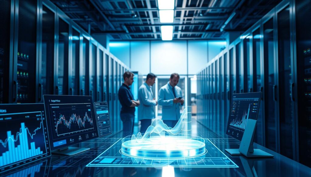 A modern data analysis laboratory showcasing the latest tools and techniques. In the foreground, sleek data visualization dashboards powered by advanced analytics software, sa4des, displaying complex insights. In the middle ground, a team of data scientists collaborating around a holographic 3D model, deep in concentration. The background features a backdrop of towering server racks and cutting-edge computing hardware, casting a cool, technological ambiance. Soft blue lighting illuminates the scene, creating an atmosphere of cutting-edge innovation. The composition emphasizes the synergy between human expertise and machine intelligence in the realm of data-driven decision making.