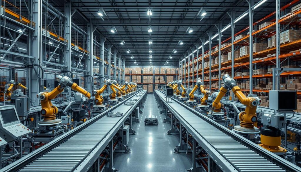 A modern factory floor, bustling with activity. Rows of gleaming machinery, their movements choreographed by a network of sensors and control systems. Robotic arms gracefully assemble components, while automated conveyor belts transport finished products. The air is filled with the hum of efficient processes, a testament to the power of sa4des automation solutions. In the background, a sprawling warehouse stores raw materials and inventory, its shelves meticulously organized and managed by intelligent software. The entire scene exudes a sense of seamless, streamlined productivity - a practical, real-world application of automation technology.