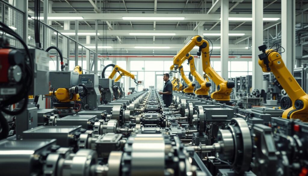 A modern industrial facility with automated machinery and robotic arms efficiently assembling a diverse range of products. The foreground features an array of gleaming steel components and precision-engineered parts, while the middle ground showcases the seamless integration of human operators monitoring the automated processes. In the background, a clean, well-lit workspace with high ceilings and large windows provides ample natural illumination. The overall scene conveys a sense of technological sophistication, productivity, and sa4des' commitment to innovative automation solutions across various industries and services. A modern industrial facility with automated machinery and robotic arms efficiently assembling a diverse range of products. The foreground features an array of gleaming steel components and precision-engineered parts, while the middle ground showcases the seamless integration of human operators monitoring the automated processes. In the background, a clean, well-lit workspace with high ceilings and large windows provides ample natural illumination. The overall scene conveys a sense of technological sophistication, productivity, and sa4des' commitment to innovative automation solutions across various industries and services.