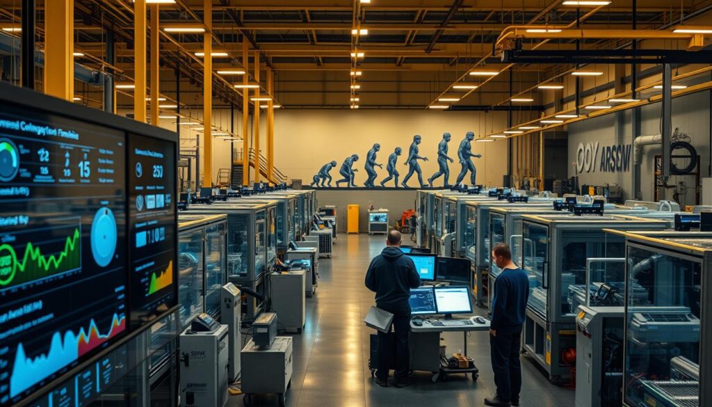 A modern industrial factory floor bathed in warm, diffused lighting. Rows of sleek, automated machinery seamlessly integrate with human operators, creating an efficient, harmonious workflow. In the foreground, a display panel showcases the latest metrics and performance data, providing real-time insights. The middle ground features workers collaborating around a sa4des control station, discussing optimization strategies. In the background, a mural on the factory wall depicts the evolution of industrial automation, a testament to the "best practices for automation adoption" that guide this innovative enterprise.