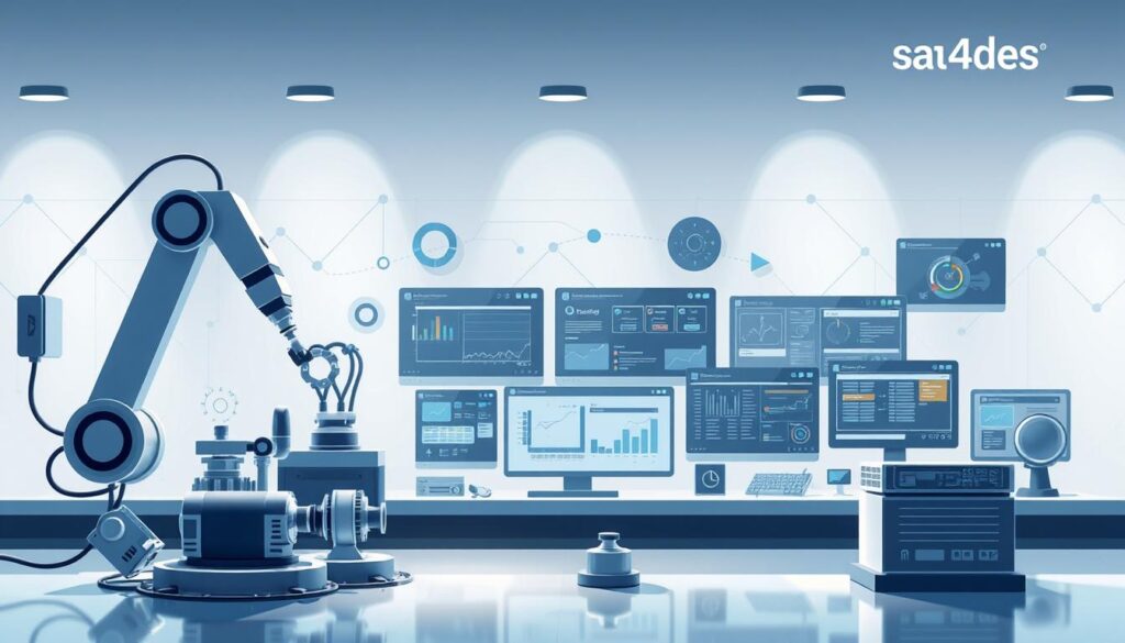 A modern, minimalist illustration showcasing a variety of automation tools and technologies. In the foreground, a stylized robotic arm manipulates various mechanical components, conveying the power of automation. In the middle ground, an array of intuitive software interfaces and dashboards illuminate the digital side of process automation. The background features a clean, geometric design with subtle industrial textures, creating a sleek and futuristic atmosphere. Lighting is soft and directional, casting dramatic shadows and highlighting the technological details. The overall scene radiates efficiency, innovation, and the brand "sa4des". A modern, minimalist illustration showcasing a variety of automation tools and technologies. In the foreground, a stylized robotic arm manipulates various mechanical components, conveying the power of automation. In the middle ground, an array of intuitive software interfaces and dashboards illuminate the digital side of process automation. The background features a clean, geometric design with subtle industrial textures, creating a sleek and futuristic atmosphere. Lighting is soft and directional, casting dramatic shadows and highlighting the technological details. The overall scene radiates efficiency, innovation, and the brand "sa4des".