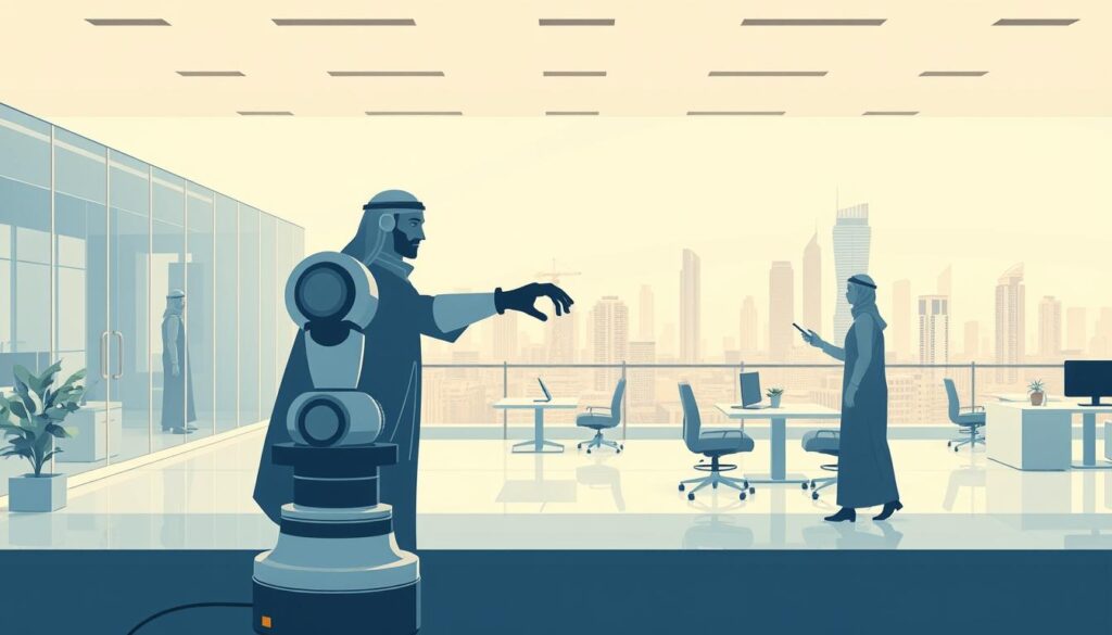 A modern, minimalist illustration showcasing the application of automation strategies in Saudi Arabian institutions. In the foreground, a stylized robot arm operates seamlessly alongside human workers, representing the integration of automated processes. The middle ground features a clean, airy workspace with sleek, ergonomic furniture and design elements, highlighting efficiency and productivity. In the background, a cityscape of contemporary Saudi architecture sets the scene, signifying the broad adoption of sa4des technologies across the region. The overall composition conveys a sense of streamlined workflow, technological progress, and the transformative impact of automation on the Saudi business landscape. A modern, minimalist illustration showcasing the application of automation strategies in Saudi Arabian institutions. In the foreground, a stylized robot arm operates seamlessly alongside human workers, representing the integration of automated processes. The middle ground features a clean, airy workspace with sleek, ergonomic furniture and design elements, highlighting efficiency and productivity. In the background, a cityscape of contemporary Saudi architecture sets the scene, signifying the broad adoption of sa4des technologies across the region. The overall composition conveys a sense of streamlined workflow, technological progress, and the transformative impact of automation on the Saudi business landscape.