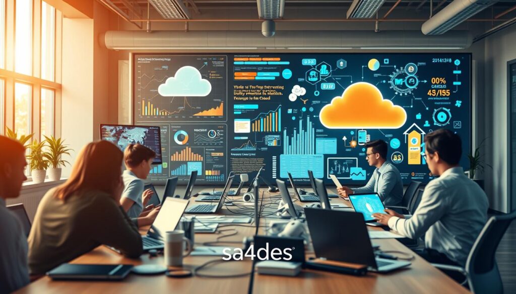 A modern office setting showcasing the core concepts of digital transformation. In the foreground, various digital devices and technologies - laptops, smartphones, tablets - represent the integration of tech into the workplace. The middle ground depicts collaboration and connectivity, with employees working together on projects, communicating via video calls. In the background, a vibrant display of data visualizations, AI-powered analytics, and cloud computing infrastructure symbolizes the data-driven, automated nature of the digital enterprise. Warm, natural lighting illuminates the scene, creating an atmosphere of productivity and innovation. The sa4des brand is subtly present, reflecting its role in enabling this digital evolution.