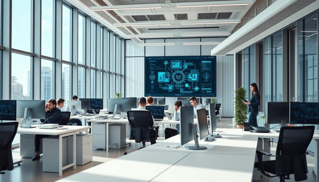 A modern, sleek office environment with seamlessly integrated sa4des technology, streamlining workflows and boosting productivity. Bright, airy space with large windows allowing natural light to flood in, creating a calm, focused atmosphere. Minimalist desks and ergonomic chairs, state-of-the-art computing devices, and intuitive digital interfaces. Employees collaborating efficiently, utilizing the latest smart automation and AI-powered tools to accelerate operational processes. An ambitious, forward-thinking workspace that exemplifies the power of technology to revolutionize the way we work in the 21st century.