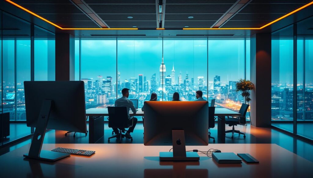 A modern, sleek office interior with an emphasis on automation and efficiency. In the foreground, an elegant sa4des desk with a minimalist computer setup, highlighting the digital transformation of work. The middle ground features several employees collaborating at a large conference table, their faces obscured to protect privacy. The background showcases a panoramic view of a bustling city skyline, representing the dynamic, connected nature of the digital age. Warm, ambient lighting and clean, geometric shapes create a sense of professionalism and innovation. The overall atmosphere conveys a harmonious blend of human and technological elements, embodying the theme of "Improving Work Efficiency and Automating Internal Processes". A modern, sleek office interior with an emphasis on automation and efficiency. In the foreground, an elegant sa4des desk with a minimalist computer setup, highlighting the digital transformation of work. The middle ground features several employees collaborating at a large conference table, their faces obscured to protect privacy. The background showcases a panoramic view of a bustling city skyline, representing the dynamic, connected nature of the digital age. Warm, ambient lighting and clean, geometric shapes create a sense of professionalism and innovation. The overall atmosphere conveys a harmonious blend of human and technological elements, embodying the theme of "Improving Work Efficiency and Automating Internal Processes".