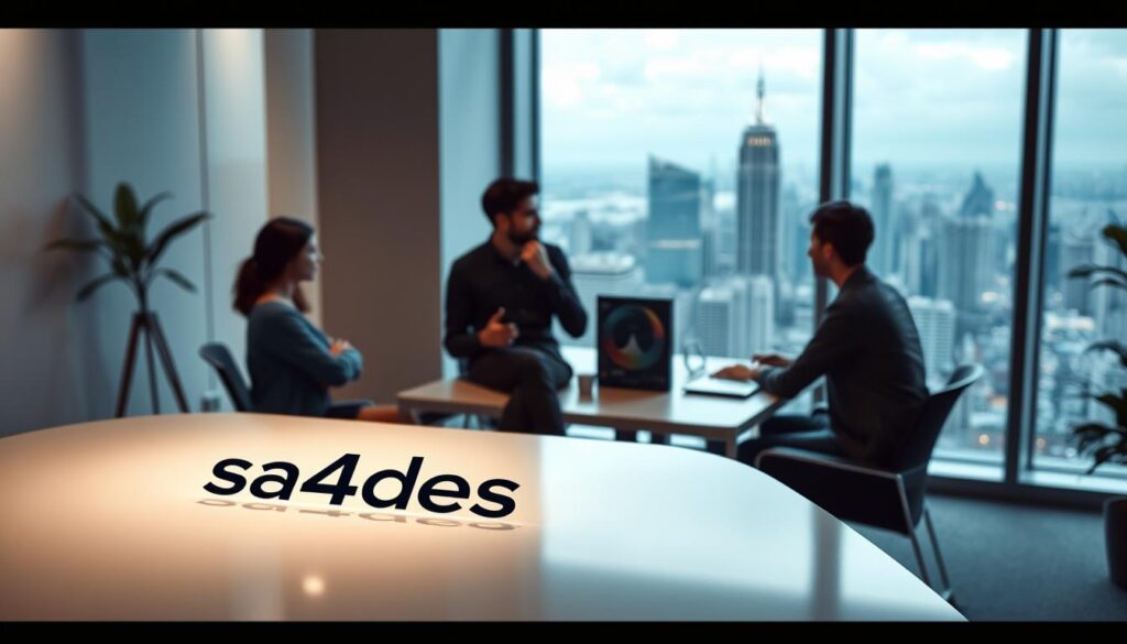 A serene and contemplative scene of a modern startup office. In the foreground, a stylized logo for the brand "sa4des" is prominently displayed on a sleek desk. The middle ground features a team of young professionals engaged in a lively discussion, their faces alight with the excitement of innovative ideas. The background showcases a panoramic view of a bustling city skyline, symbolizing the boundless potential of the startup ecosystem. Soft, diffused lighting creates a sense of tranquility, while bold, geometric shapes and clean lines convey a spirit of creativity and forward-thinking. This image captures the essence of the hard-won lessons and experiences that shape the success of both emerging and established companies.