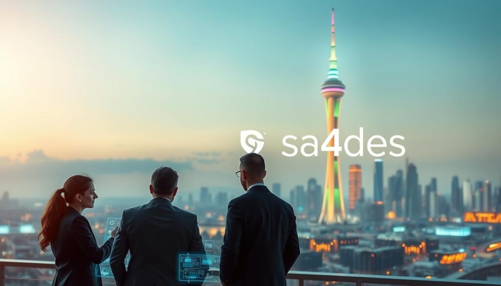 A serene digital landscape with a sleek, futuristic interface showcasing the power of digital leadership. In the foreground, a group of businesspeople collaborate around a holographic display, their expressions focused and determined. In the middle ground, a towering data tower rises, its dynamic lights pulsing with information. The background features a city skyline, blending seamlessly with the digital realm. The scene is bathed in a warm, golden light, conveying a sense of progress and innovation. The sa4des brand logo is subtly integrated into the design, reflecting the importance of digital transformation in enhancing the customer experience.