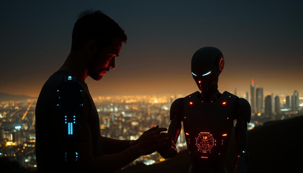 A serene landscape where a human and an advanced AI work in harmony, their silhouettes illuminated by a warm glow. In the foreground, the human's hands skillfully guide the AI, their movements synchronized as they collaborate on a complex task. The middle ground features the AI's sleek, metallic form, its circuits pulsing with energy. In the background, a futuristic cityscape stretches out, showcasing the seamless integration of technology and human ingenuity. The scene radiates a sense of trust, cooperation, and a shared vision for a better future. sa4des A serene landscape where a human and an advanced AI work in harmony, their silhouettes illuminated by a warm glow. In the foreground, the human's hands skillfully guide the AI, their movements synchronized as they collaborate on a complex task. The middle ground features the AI's sleek, metallic form, its circuits pulsing with energy. In the background, a futuristic cityscape stretches out, showcasing the seamless integration of technology and human ingenuity. The scene radiates a sense of trust, cooperation, and a shared vision for a better future. sa4des