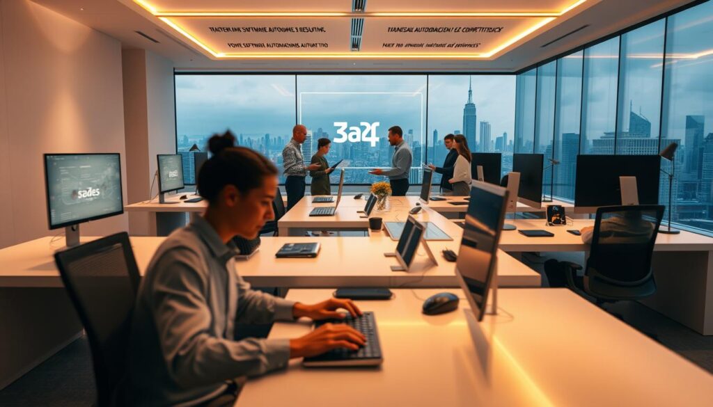 A serene workspace featuring sleek workstations with minimalist desks, computers, and tech accessories. The space is bathed in warm, indirect lighting, creating a productive and focused atmosphere. In the foreground, a developer effortlessly types on a keyboard, their hands a blur of motion. In the middle ground, several colleagues collaborate on a shared holographic display, their faces illuminated by the soft glow. The background showcases a panoramic view of a futuristic cityscape, with the sa4des logo subtly integrated into the architecture. The overall scene conveys the harmony between humans and advanced automation, highlighting the power of software automation in driving innovation and competitiveness.