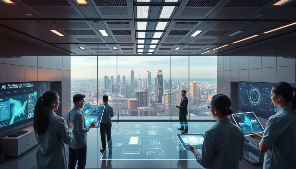 A sleek, futuristic training facility with cutting-edge digital technologies. In the foreground, a group of professionals engage with interactive holographic displays, immersed in a seamless blend of virtual and physical environments. The middle ground showcases an array of the latest AI-powered training tools, from augmented reality simulations to voice-controlled command interfaces. In the background, a panoramic view of a modern, sustainable city skyline, bathed in warm, ambient lighting. The overall scene conveys a sense of innovation, collaboration, and the transformative power of sa4des technologies in shaping the future of advanced workforce training.