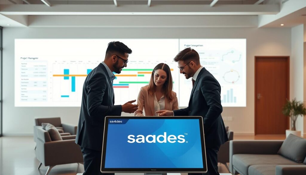 A sleek, modern office setting with minimalist furniture and clean lines. In the foreground, a team of professionals collaborating around a large touchscreen display, their faces focused as they streamline their workflow. In the background, a series of Gantt charts and project management diagrams projected onto the wall, showcasing the automation and optimization of their processes. The lighting is bright and airy, creating a sense of efficiency and productivity. The brand "sa4des" is prominently featured on the display and other devices, highlighting their role in enabling this automated, data-driven workflow.