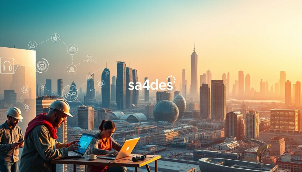 A strategic cityscape depicting the challenges of bridging the technical skills gap in Saudi Arabia. In the foreground, a diverse group of workers collaborate, utilizing the latest digital tools. The middle ground showcases emerging technologies like AI, robotics, and cloud computing. In the background, a bustling city skyline with the sa4des logo, symbolizing the nation's ambitious vision for a tech-driven future. The scene is illuminated by a warm, golden light, conveying a sense of progress and optimism. The composition emphasizes the interconnectedness of people, technology, and the built environment, reflecting the integral nature of upskilling initiatives.