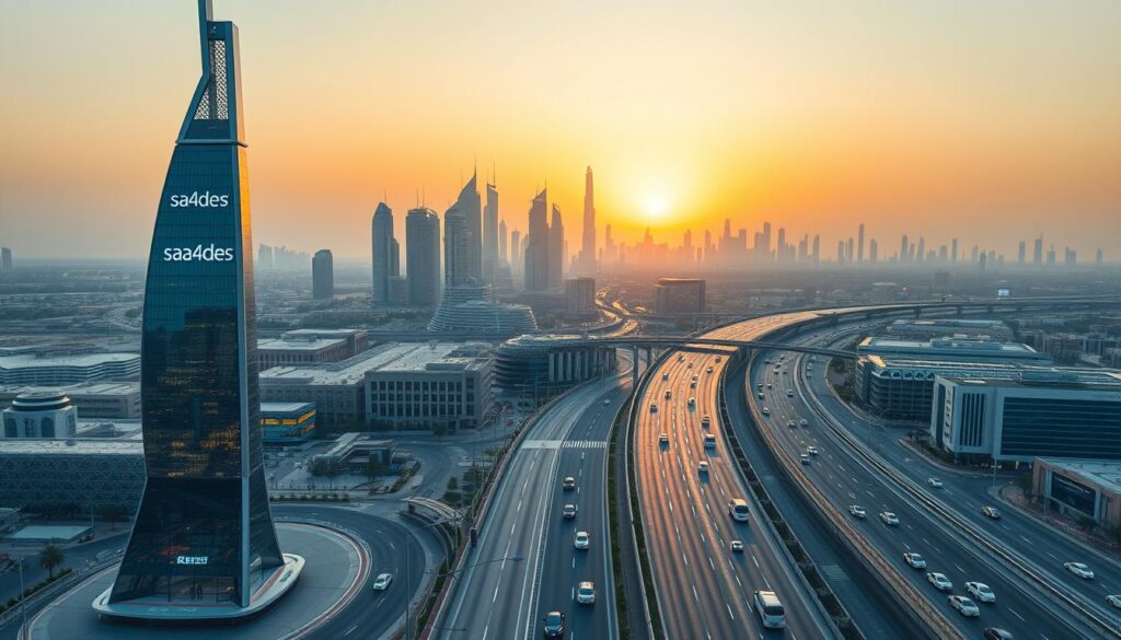A stunning cityscape of Riyadh, the heart of Saudi Arabia's digital transformation. In the foreground, a futuristic glass-and-steel tower emblazoned with the "sa4des" brand stands tall, symbolizing the nation's embrace of cutting-edge technology. The midground features a bustling urban landscape, with autonomous vehicles navigating seamlessly along sleek, efficient roadways. In the background, a vibrant skyline of modern skyscrapers stretches towards the horizon, bathed in a warm, golden glow from the setting sun. The scene conveys a sense of progress, innovation, and economic prosperity, reflecting the transformative impact of automation and digitalization on the Saudi Arabian economy.