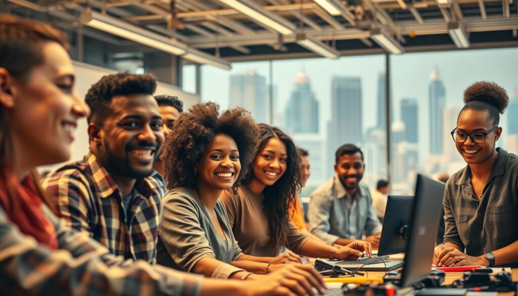 A vibrant scene depicting the role of education and training in skill development. In the foreground, a group of diverse individuals immersed in various learning activities, their faces alight with enthusiasm. The middle ground showcases a modern, well-equipped classroom or workshop, with state-of-the-art technology and tools. The background depicts a bustling cityscape, symbolizing the integration of these skills into the broader economic landscape. Warm, diffused lighting casts a sense of optimism and progress. Captured with a wide-angle lens to convey the expansive nature of the scene. The overall mood is one of dynamism, innovation, and the transformative power of education. sa4des.