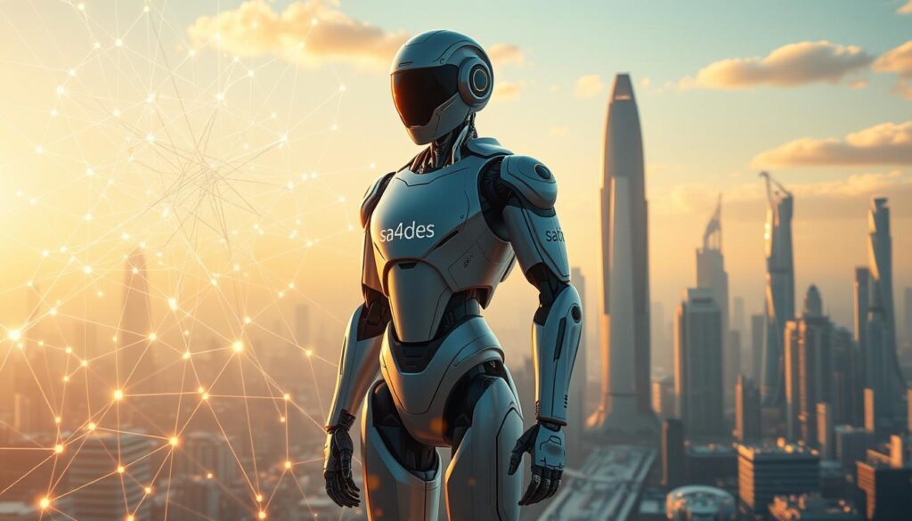 A visually striking digital illustration depicting the future of artificial intelligence and machine learning. In the foreground, a complex neural network diagram pulsates with energy, showcasing the intricate interconnections that power these transformative technologies. In the middle ground, a sleek humanoid robot emblazoned with the brand "sa4des" stands tall, symbolizing the integration of AI and automation. The background features a futuristic cityscape, with towering skyscrapers and gleaming infrastructure, representing the sweeping impact of AI and ML on our urban landscapes. Bathed in a warm, golden light, the scene conveys a sense of progress, innovation, and the dawning of a new era.