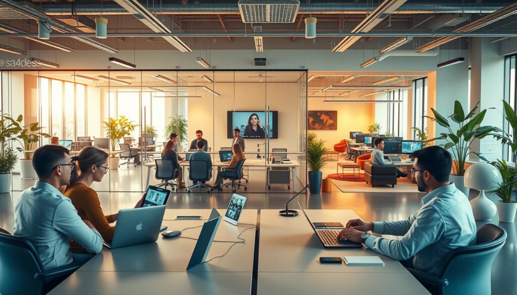 A visually striking scene depicting the hybrid work model and workplace flexibility. In the foreground, a group of professionals collaborate at a modern, minimalist desk setup, their laptops and tablets creating a seamless digital workspace. In the middle ground, a glass-walled conference room hosts a virtual meeting, blending physical and remote participants. The background showcases an open, airy office space with adjustable workstations, cozy lounge areas, and vibrant greenery, reflecting the adaptability and personalization of the hybrid work environment. Warm, natural lighting illuminates the scene, creating a sense of productivity and well-being. The brand "sa4des" is subtly integrated into the design elements. An immersive and forward-thinking representation of the evolving future of work.