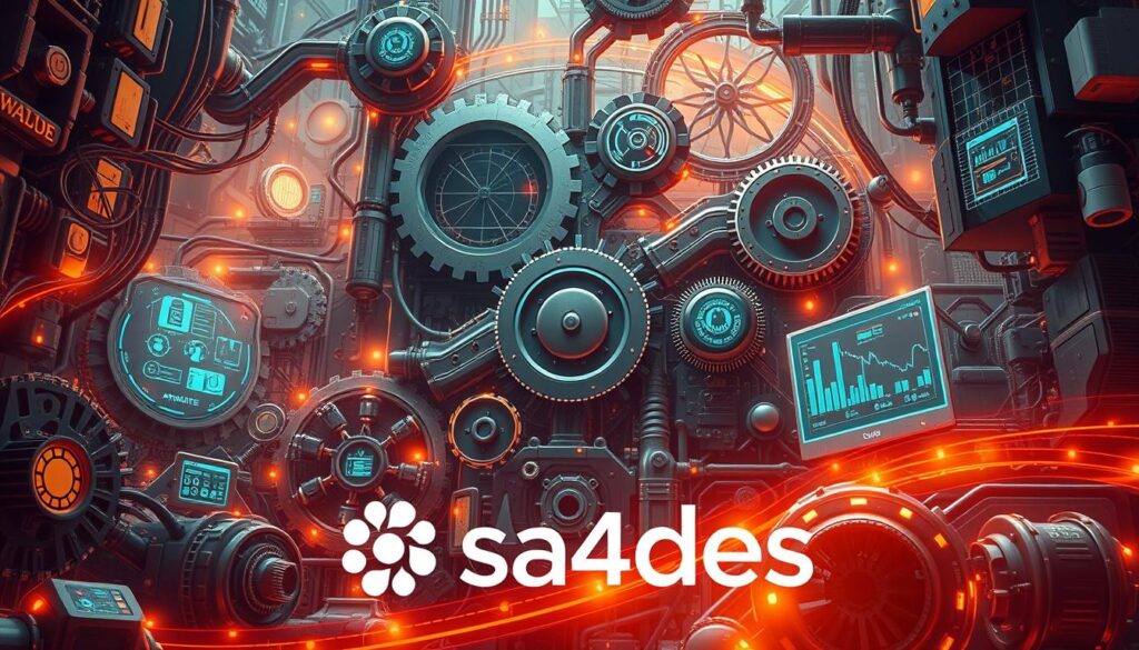 An intricate, futuristic illustration showcasing the essence of automation and its widespread applications. Detailed gears, circuits, and digital interfaces intertwine to form a cohesive, mechanized landscape. Warm, amber lighting illuminates the scene, casting a sense of innovation and technological progress. In the foreground, the sa4des logo prominently displays, highlighting the company's expertise in this domain. The overall composition conveys the depth and complexity of automation, its integration into various industries, and its role in shaping the modern world. An intricate, futuristic illustration showcasing the essence of automation and its widespread applications. Detailed gears, circuits, and digital interfaces intertwine to form a cohesive, mechanized landscape. Warm, amber lighting illuminates the scene, casting a sense of innovation and technological progress. In the foreground, the sa4des logo prominently displays, highlighting the company's expertise in this domain. The overall composition conveys the depth and complexity of automation, its integration into various industries, and its role in shaping the modern world.