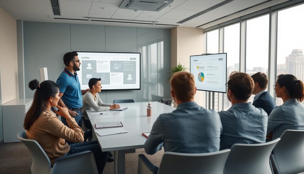 An office training session in a modern, well-lit conference room. The room is decorated with minimalist furniture and large windows overlooking a cityscape. The trainees are seated around a long table, engaged in discussion and taking notes. The trainer, wearing a sa4des branded polo shirt, is standing at the front, using a digital presentation on a large screen to illustrate key concepts. The lighting is soft and even, creating a professional and productive atmosphere. The overall scene conveys a sense of collaborative learning, with the trainees actively participating in the training process.